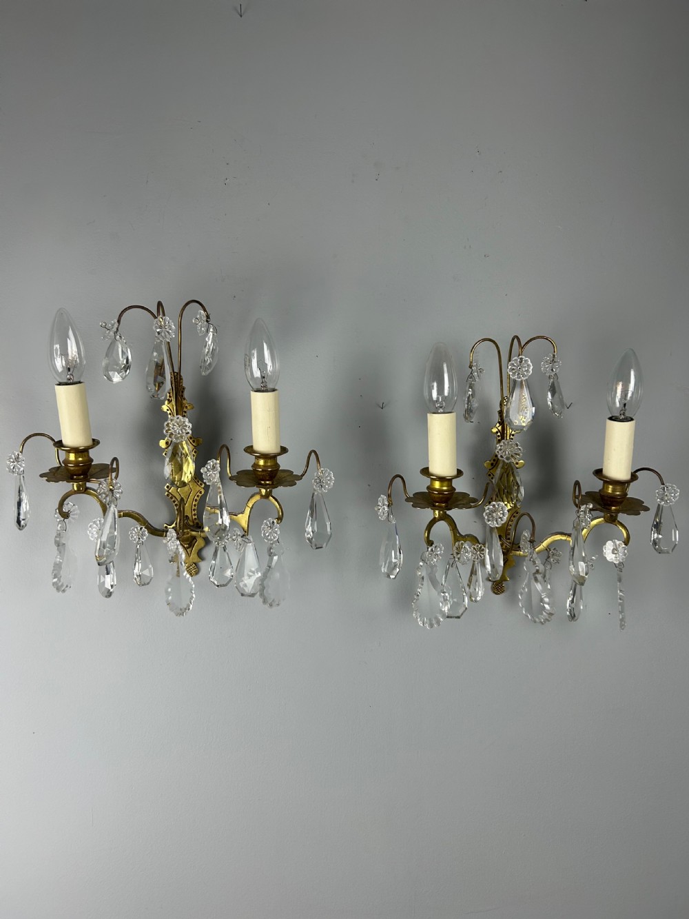 Pair Of French Gilded Twin Arm Antique Wall Lights With Crystals View IV