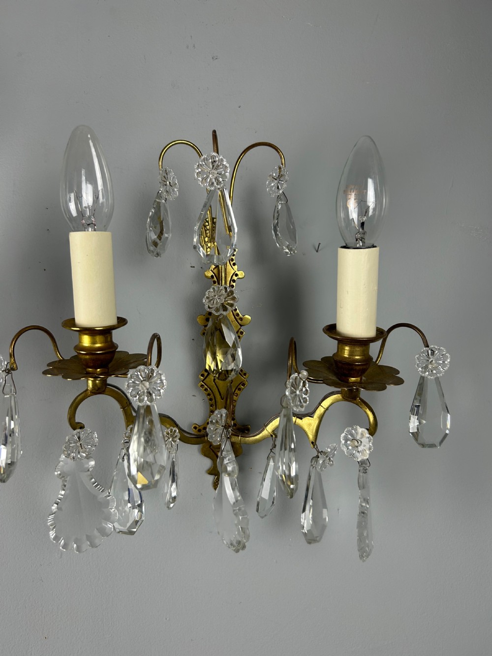 Pair Of French Gilded Twin Arm Antique Wall Lights With Crystals View V