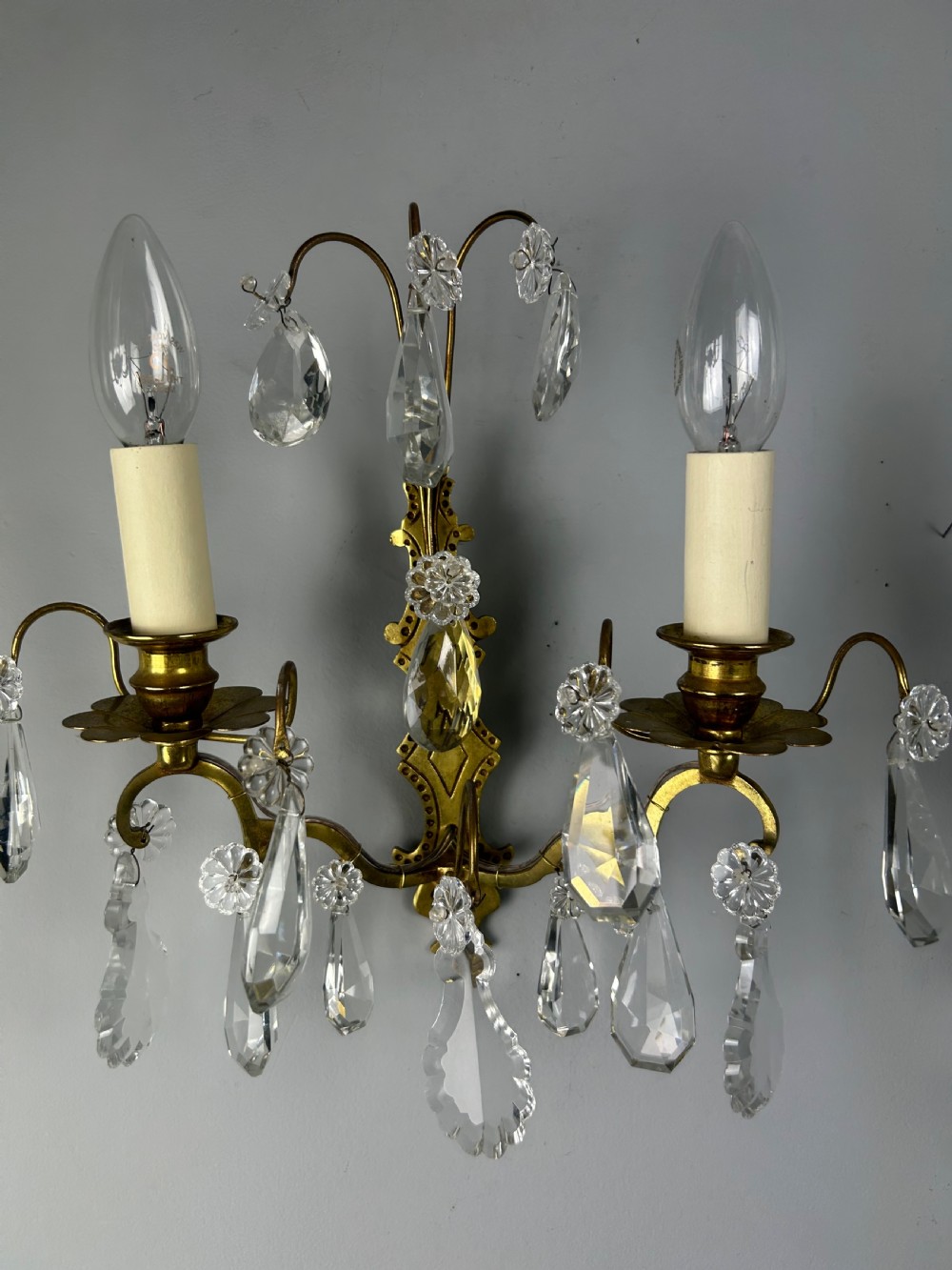 Pair Of French Gilded Twin Arm Antique Wall Lights With Crystals View VI