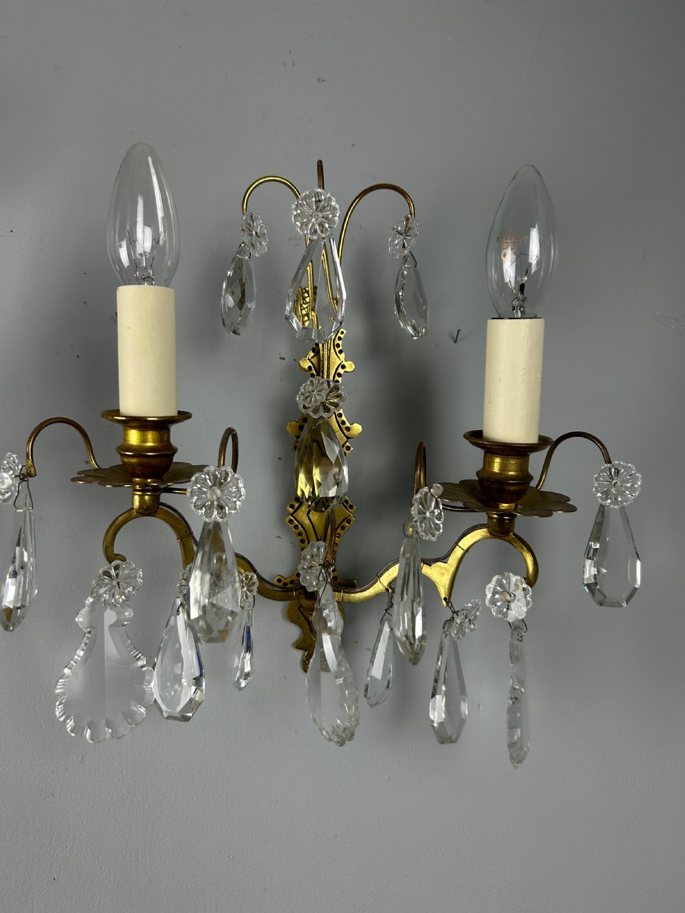 Pair Of French Gilded Twin Arm Antique Wall Lights With Crystals View VII