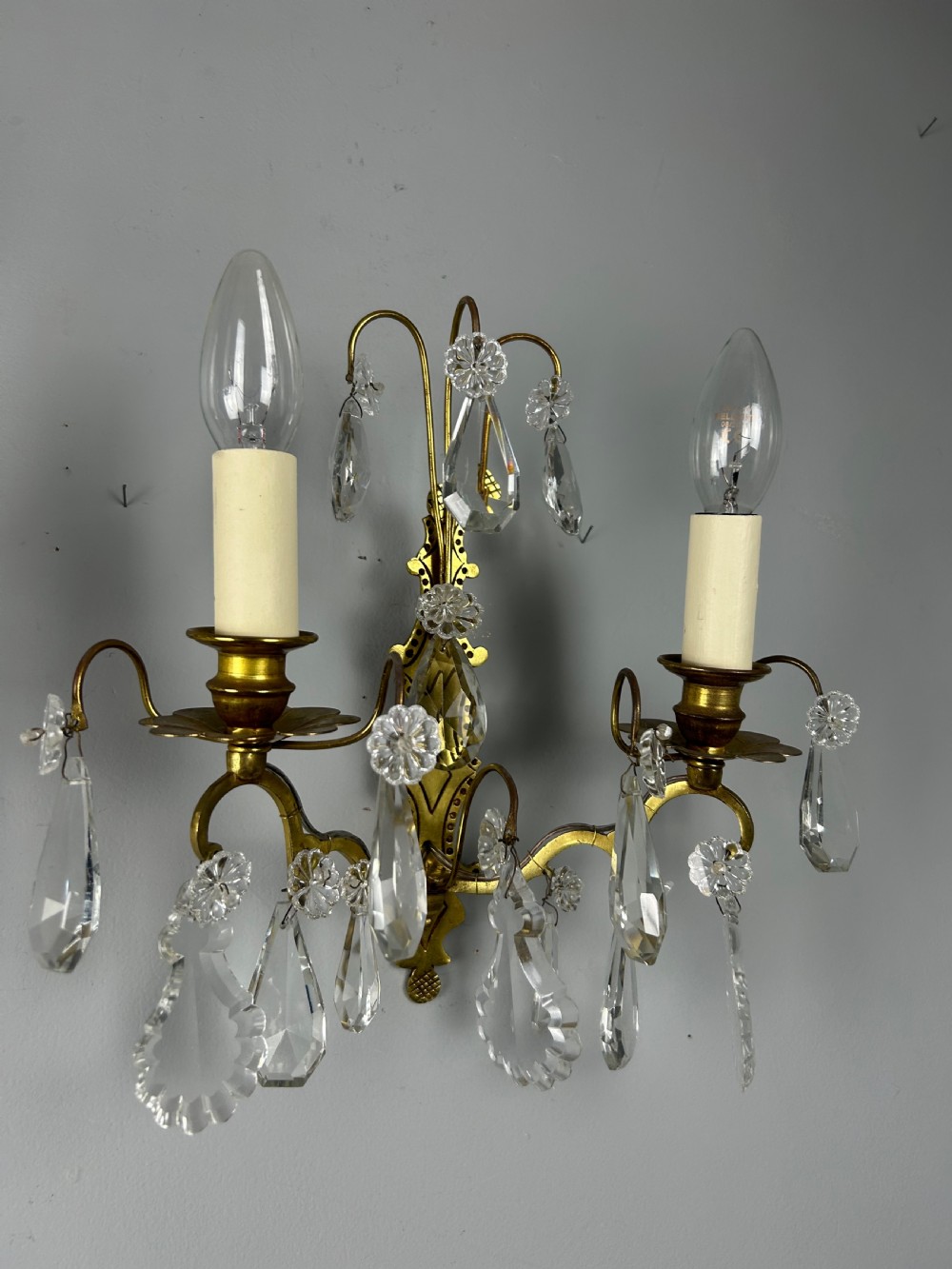 Pair Of French Gilded Twin Arm Antique Wall Lights With Crystals View VIII