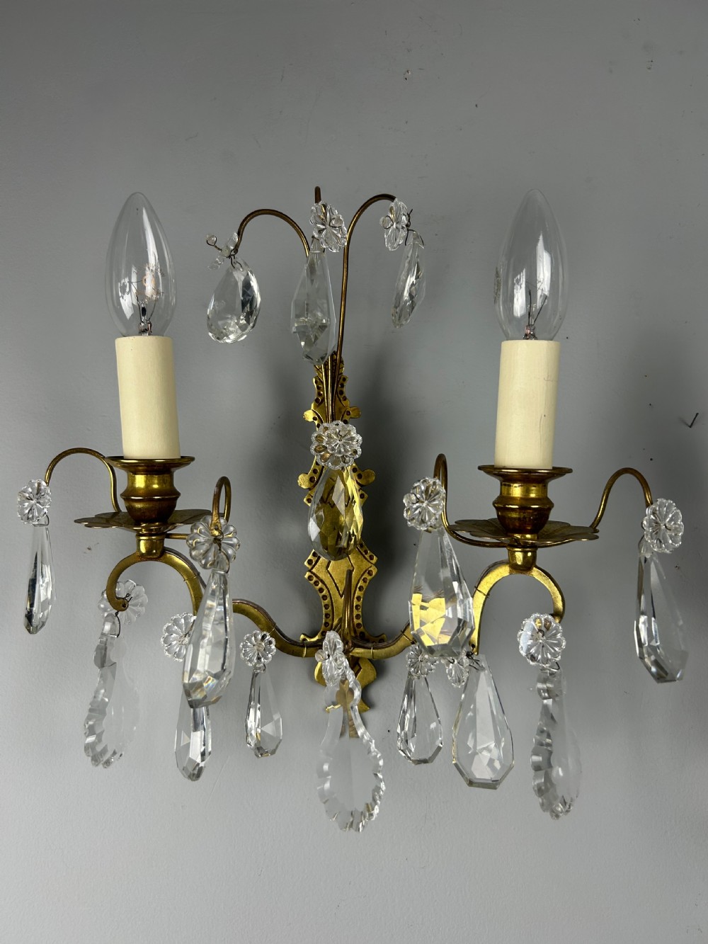 Pair Of French Gilded Twin Arm Antique Wall Lights With Crystals View IX