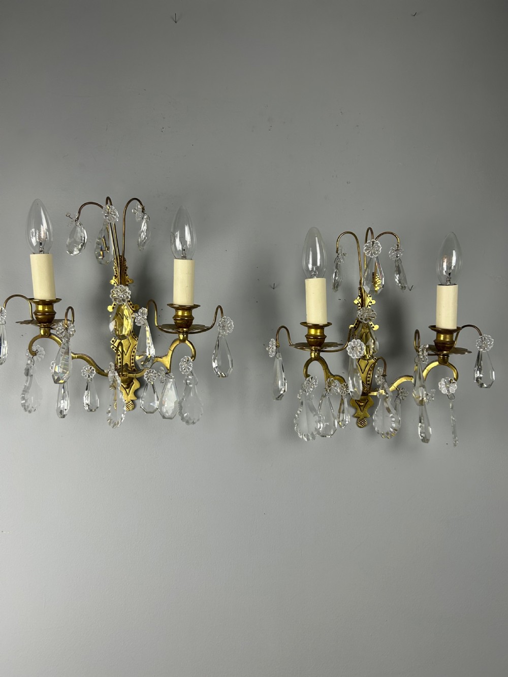 Pair Of French Gilded Twin Arm Antique Wall Lights With Crystals View X