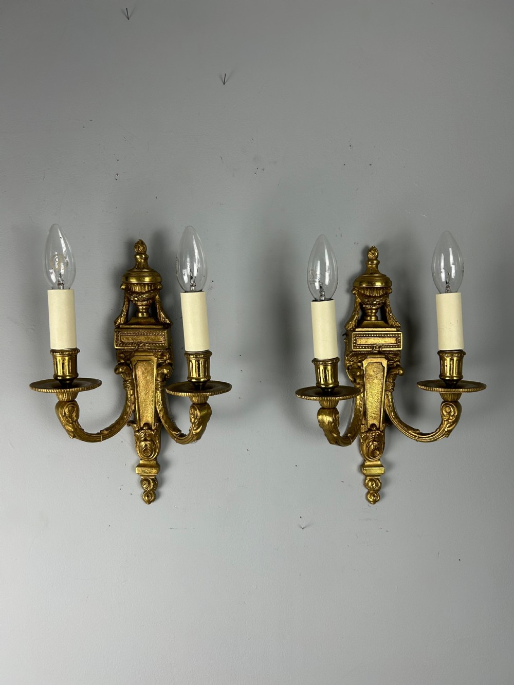 Pair Of French Gilt Brass Antique Wall Lights, Rewired