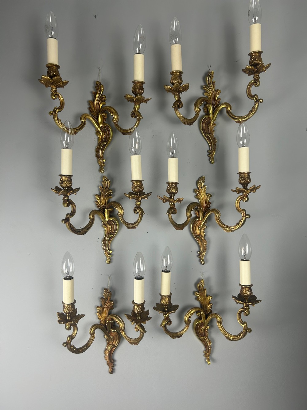 Set of 6 French Gilt Brass Antique Wall Lights, Rewired