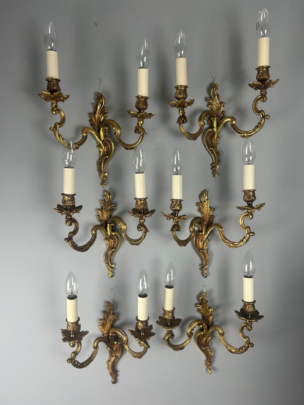 Set of 6 French Gilt Brass Antique Wall Lights, Rewired View II