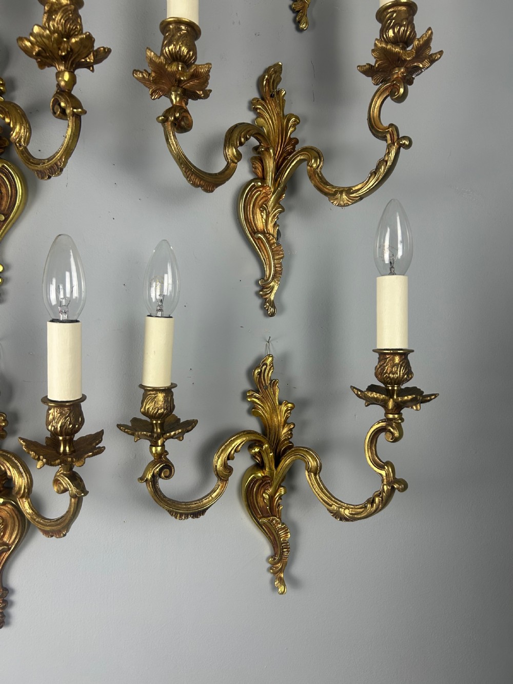 Set of 6 French Gilt Brass Antique Wall Lights, Rewired View III