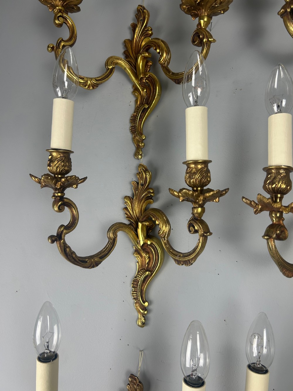 Set of 6 French Gilt Brass Antique Wall Lights, Rewired View IV