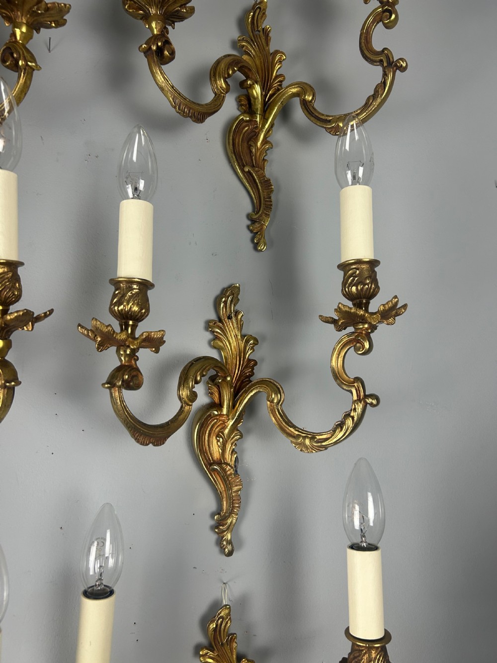 Set of 6 French Gilt Brass Antique Wall Lights, Rewired View V