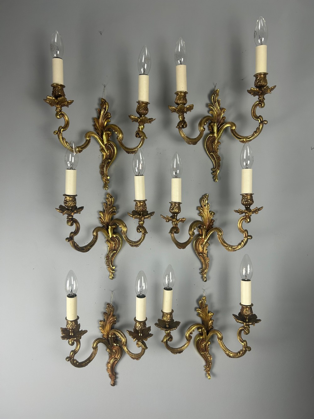 Set of 6 French Gilt Brass Antique Wall Lights, Rewired View VIII