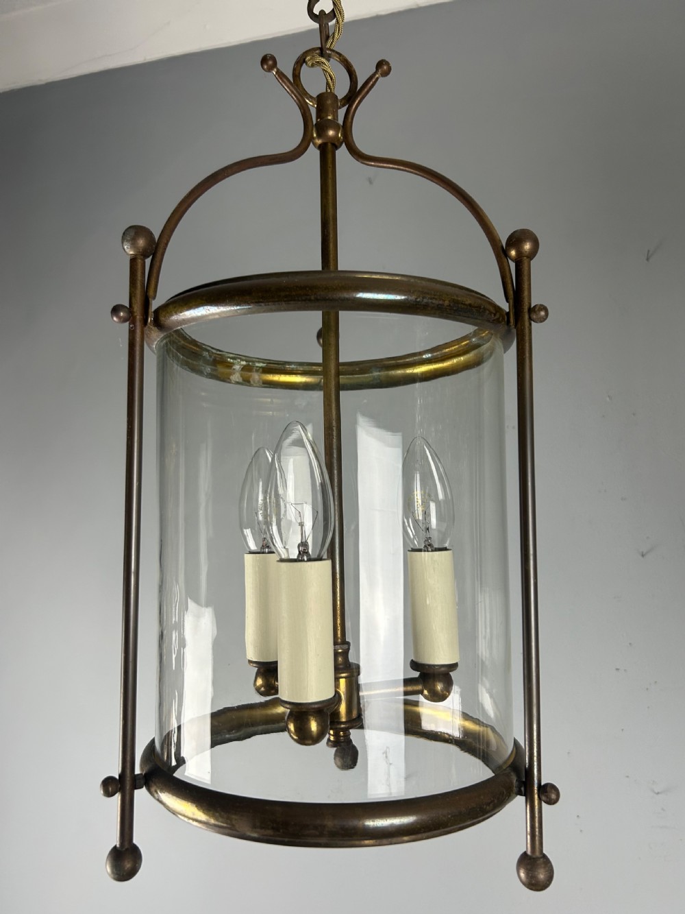 French Triple Light Aged Brass Lantern, Rewired