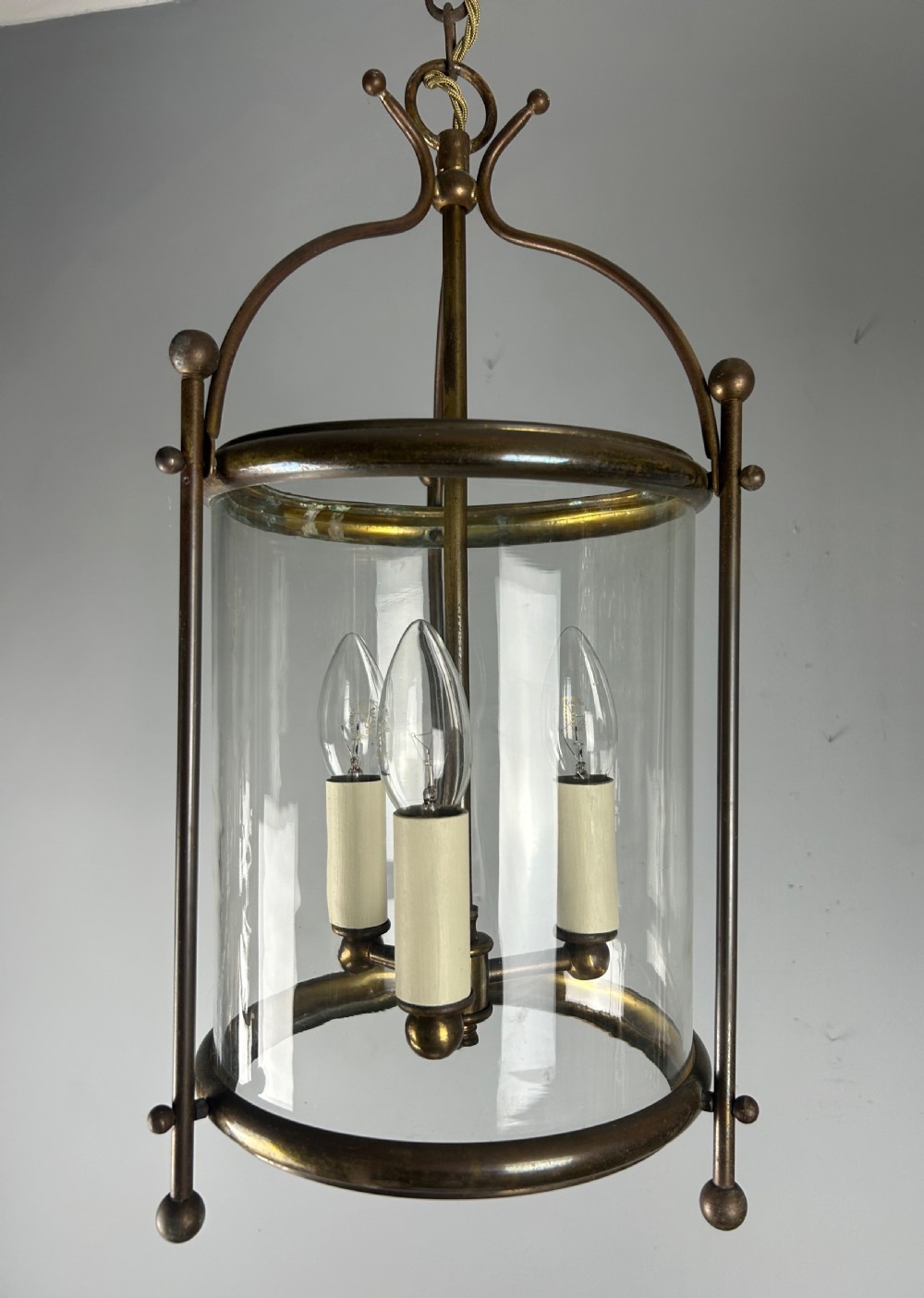 French Triple Light Aged Brass Lantern, Rewired View II