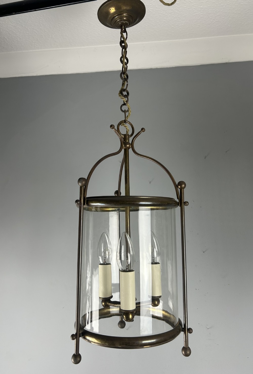 French Triple Light Aged Brass Lantern, Rewired View III