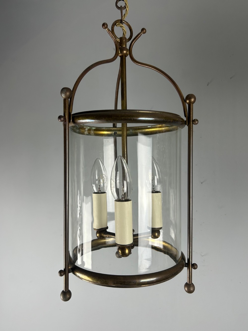 French Triple Light Aged Brass Lantern, Rewired View V