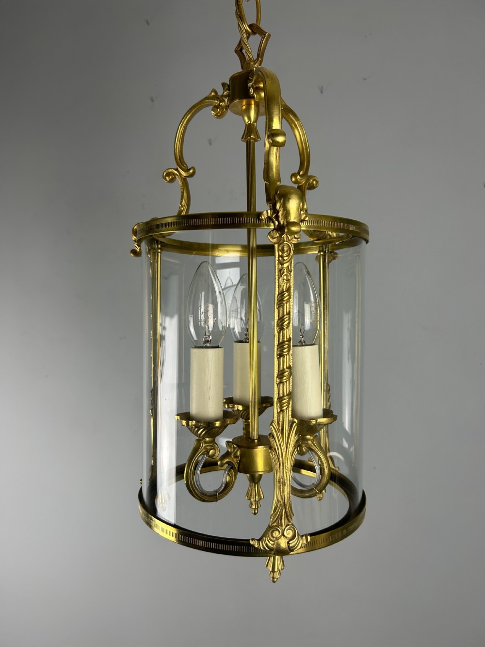 French Brass Triple Light Antique Lantern, Rewired View VI
