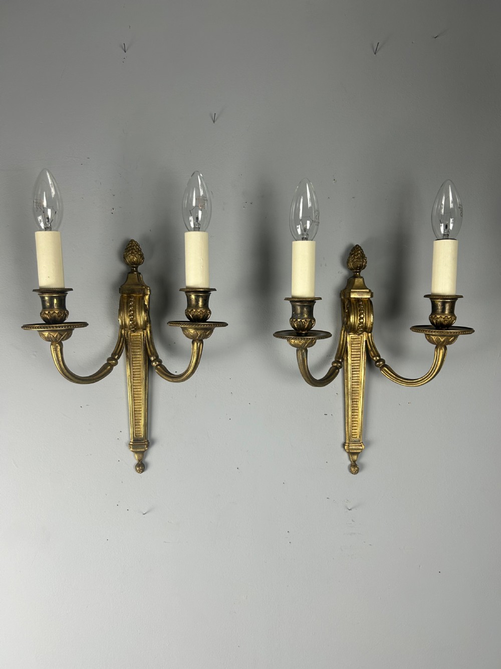 French Gilt Brass Pair Of Antique Wall Lights, Rewired and PAT tested