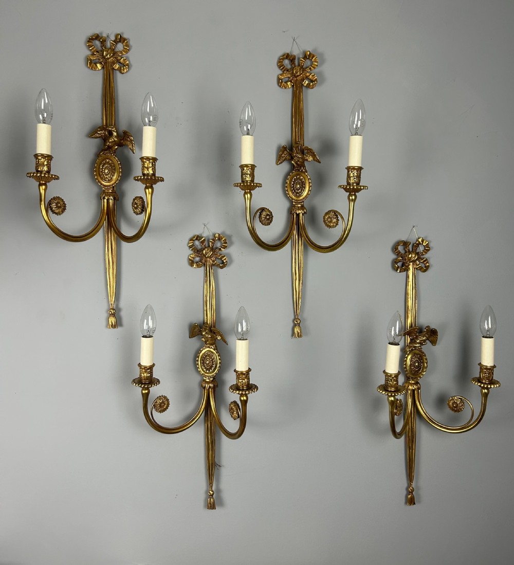 Set of 4 Large Gilt Brass Wall Lights, Rewired