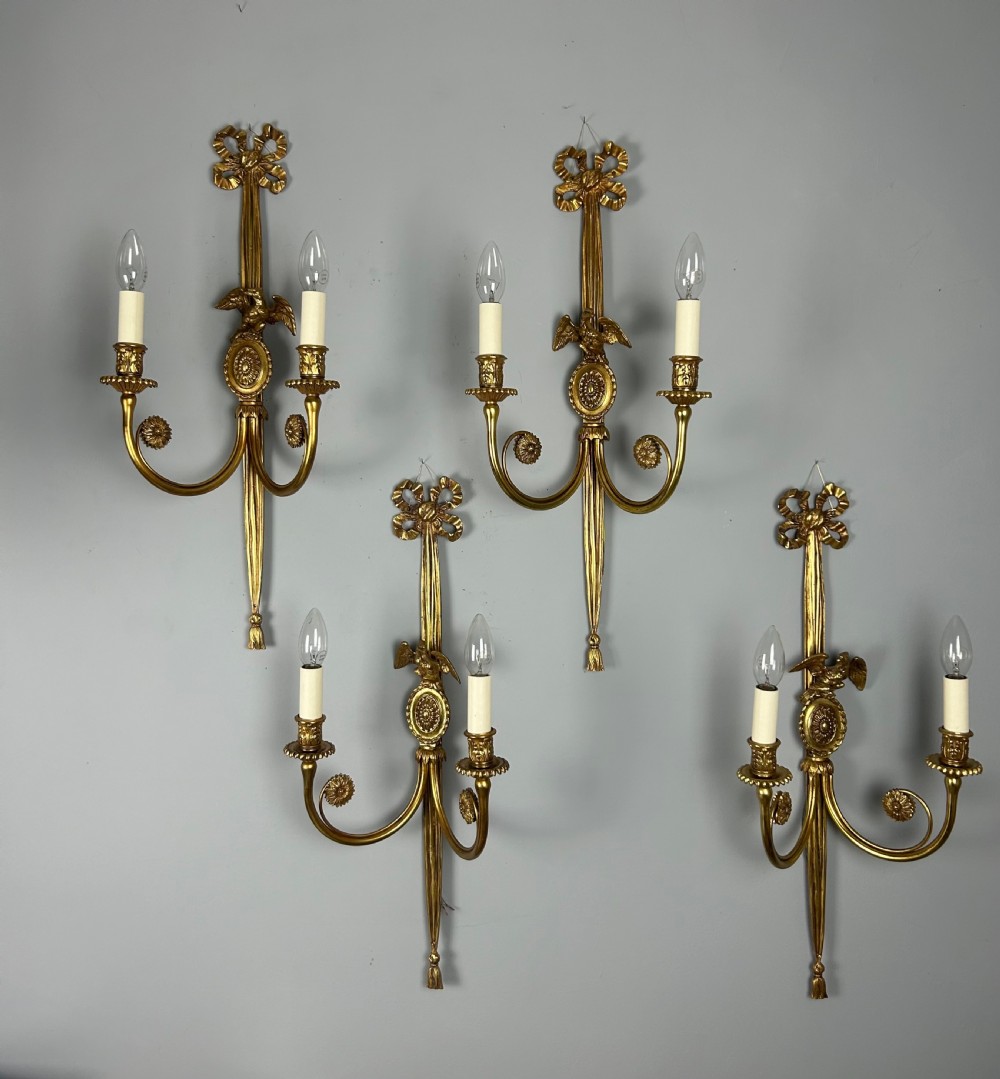 Set of 4 Large Gilt Brass Wall Lights, Rewired View II