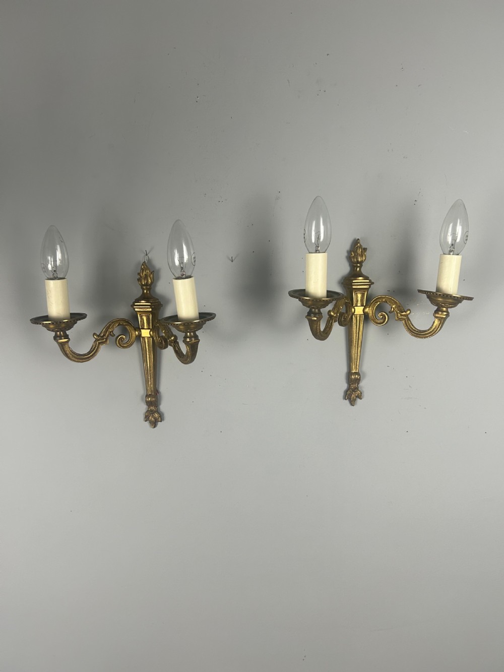 Pair Of French Gilded Brass Antique Wall Lights, Rewired & Pat Tested