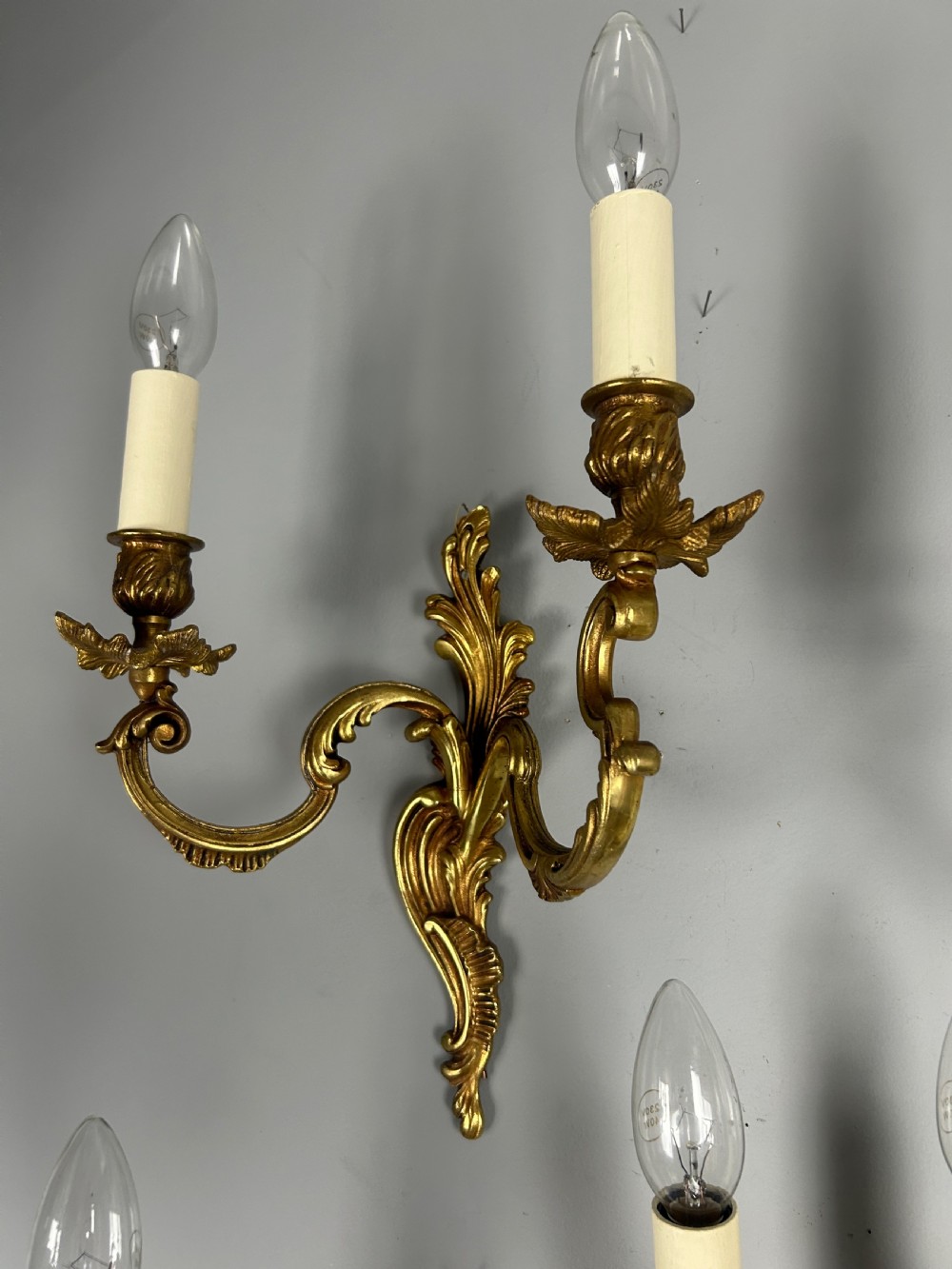 Set Of 4 French Gilded Twin Arm Antique Wall Lights, Rewired & Pat Tested View II