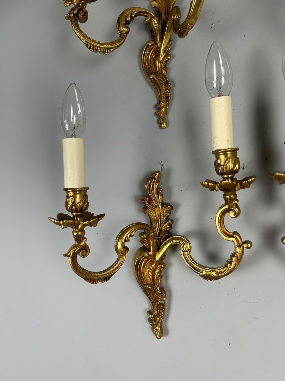 Set Of 4 French Gilded Twin Arm Antique Wall Lights, Rewired & Pat Tested View V