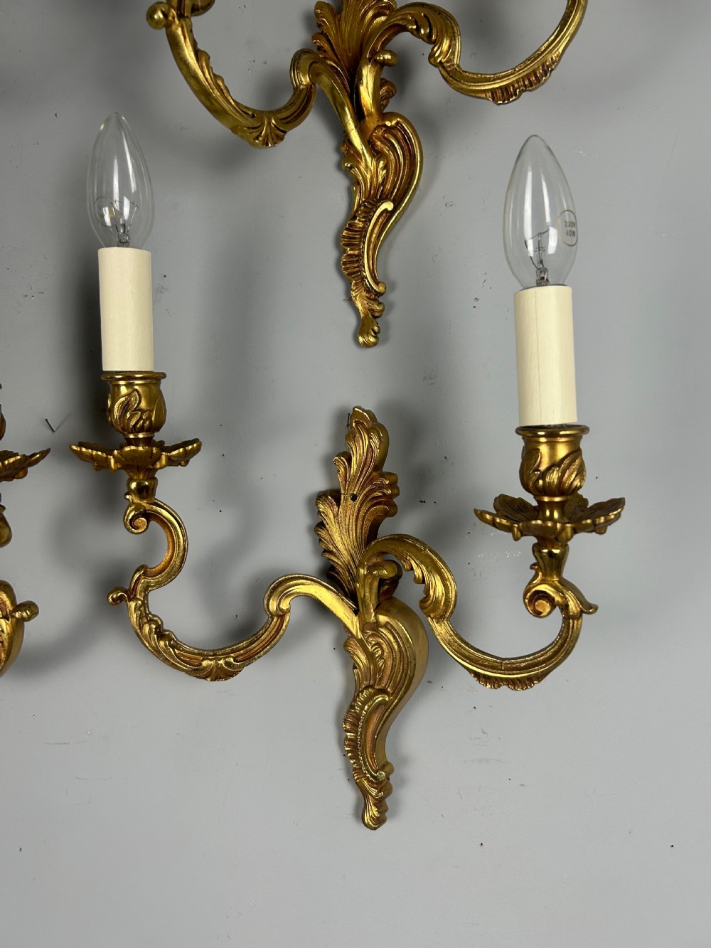 Set Of 4 French Gilded Twin Arm Antique Wall Lights, Rewired & Pat Tested View VI