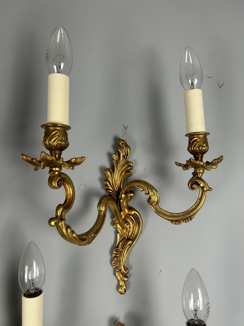 Set Of 4 French Gilded Twin Arm Antique Wall Lights, Rewired & Pat Tested View VII