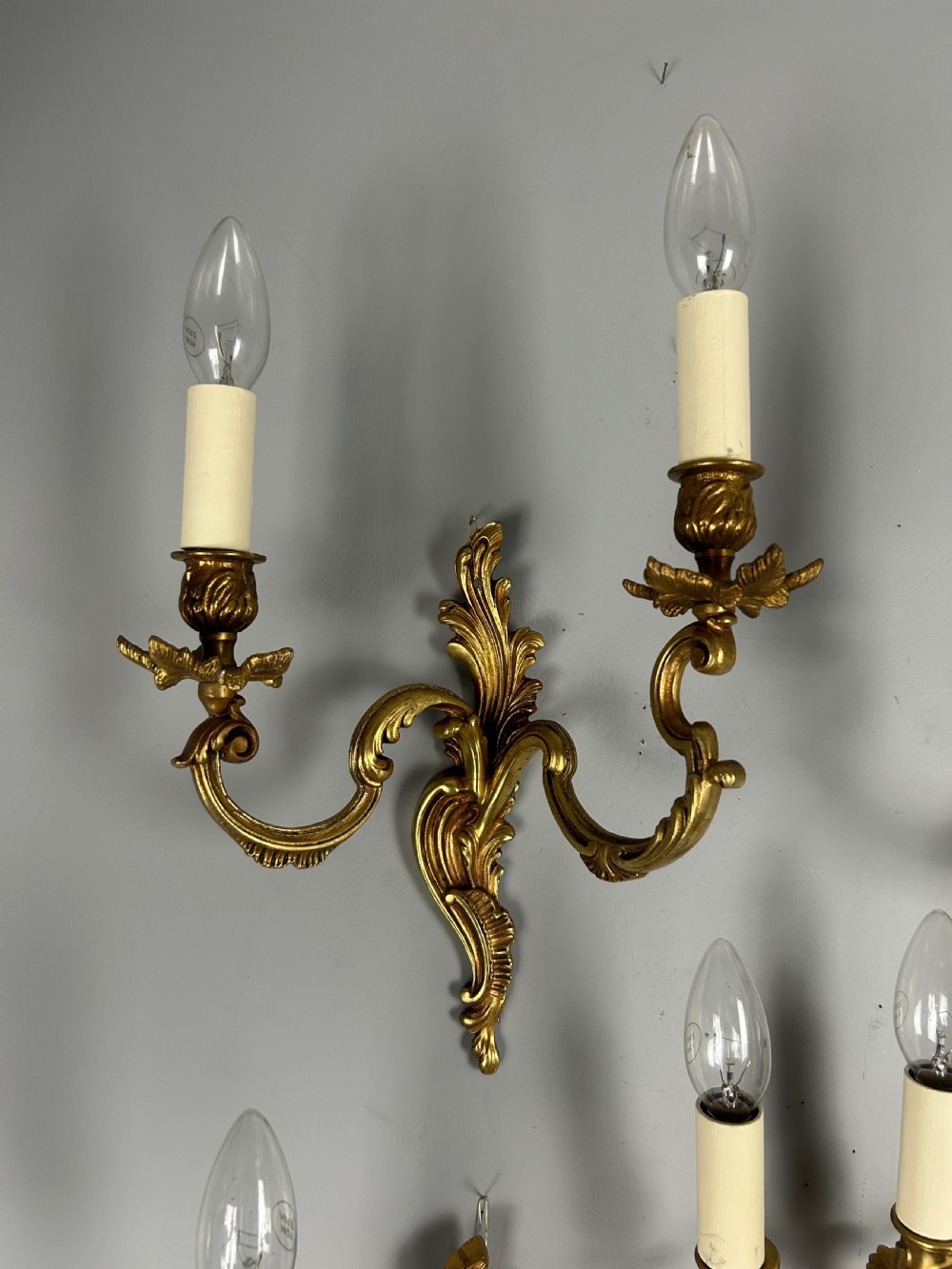 Set Of 4 French Gilded Twin Arm Antique Wall Lights, Rewired & Pat Tested View VIII