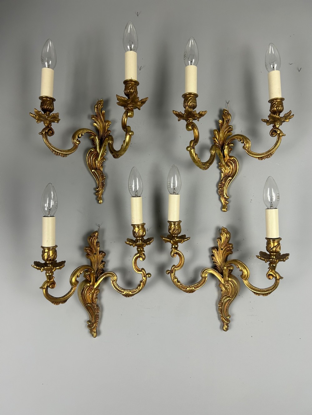 Set Of 4 French Gilded Twin Arm Antique Wall Lights, Rewired & Pat Tested View IX