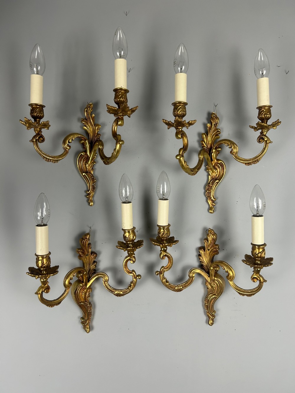 Set Of 4 French Gilded Twin Arm Antique Wall Lights, Rewired & Pat Tested View X