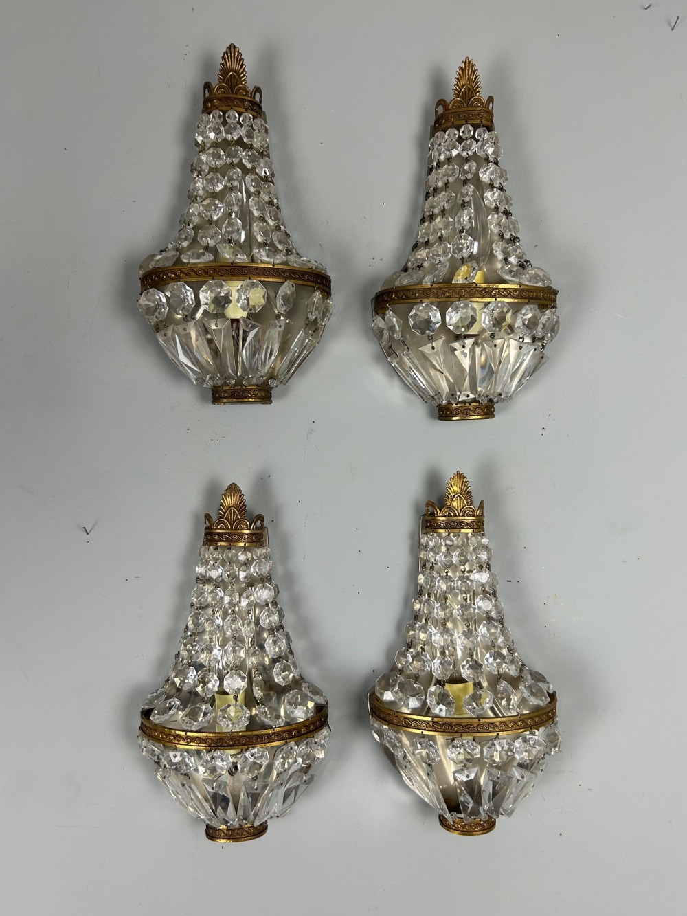 Set Of 4 Single Light French Montgolfier Crystal Antique Wall Lights