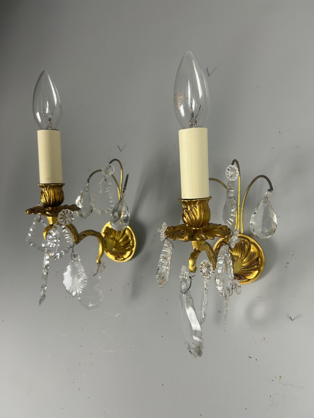 French Pair Of Single Arm Antique Gilt Brass Crystal Wall Lights