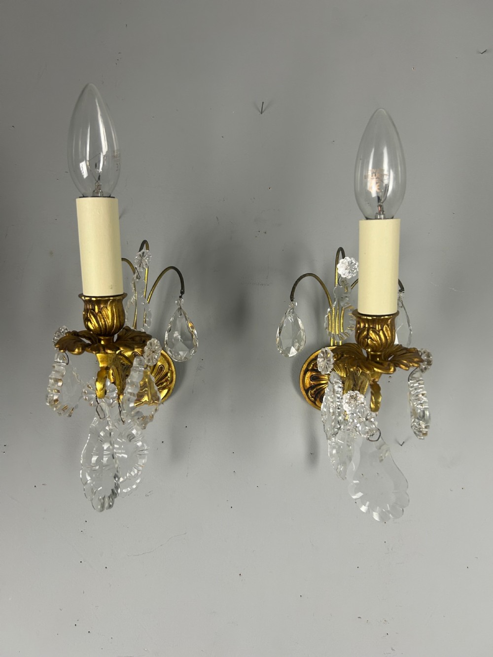 French Pair Of Single Arm Antique Gilt Brass Crystal Wall Lights View II