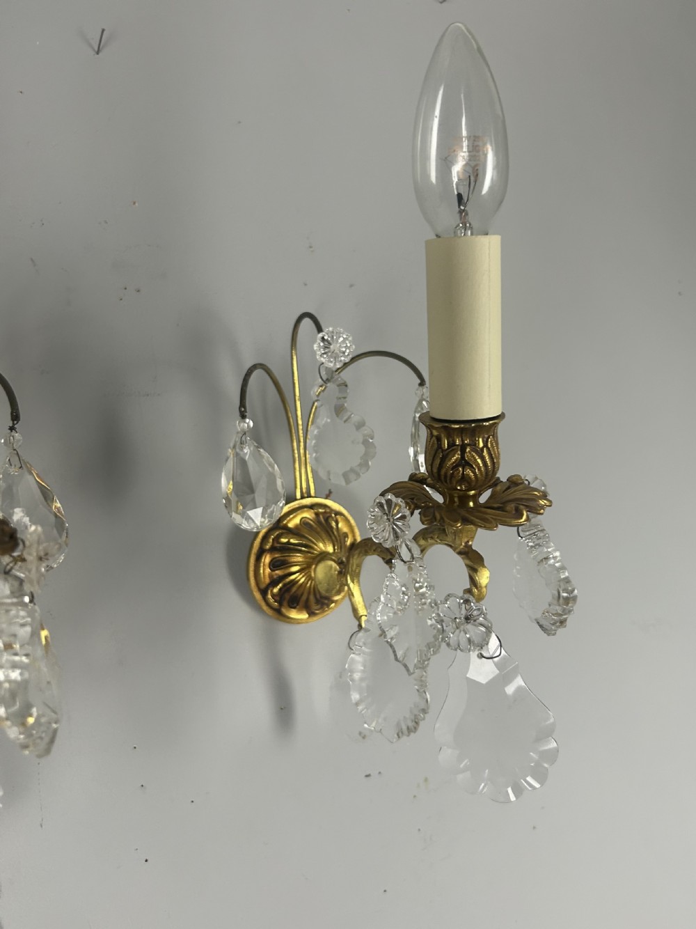 French Pair Of Single Arm Antique Gilt Brass Crystal Wall Lights View III