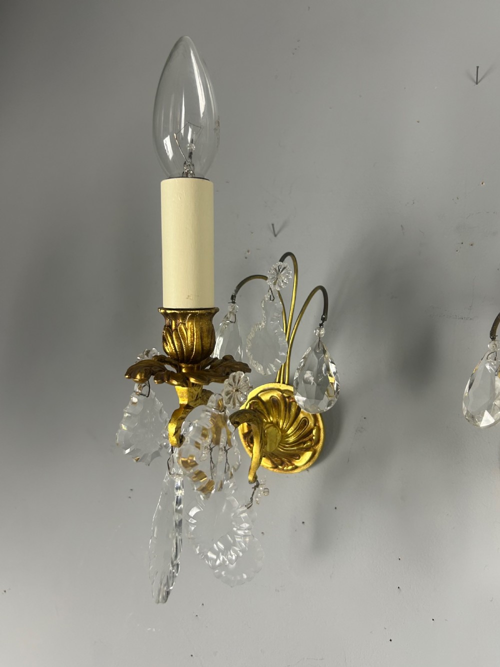 French Pair Of Single Arm Antique Gilt Brass Crystal Wall Lights View IV