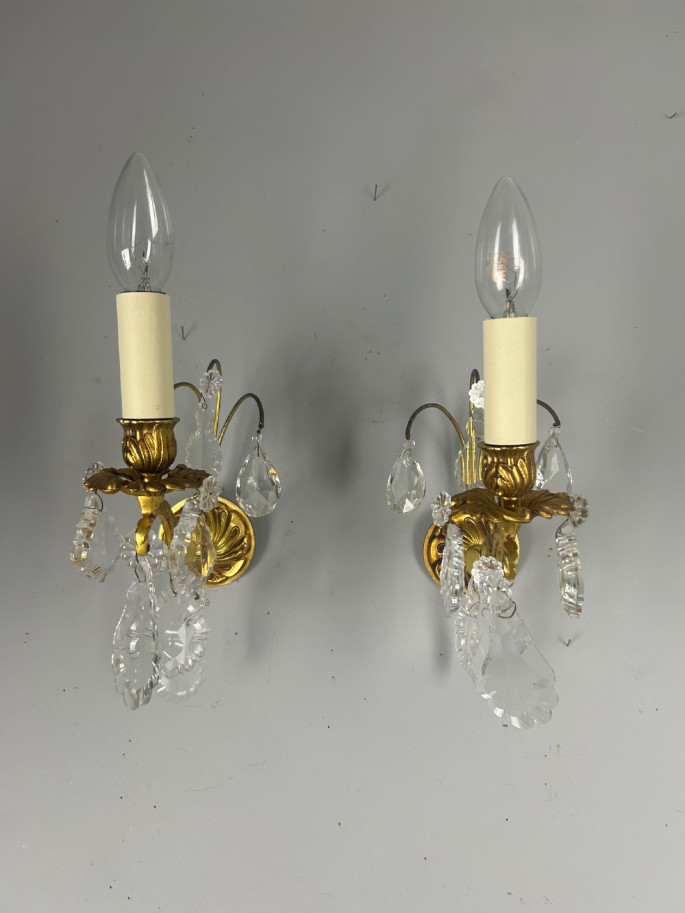 French Pair Of Single Arm Antique Gilt Brass Crystal Wall Lights View V