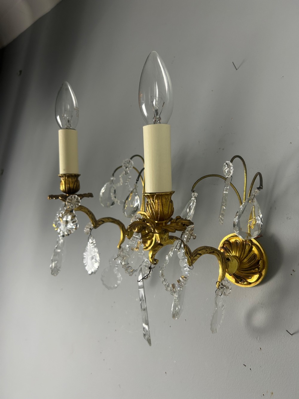 French Pair Of Single Arm Antique Gilt Brass Crystal Wall Lights View VI