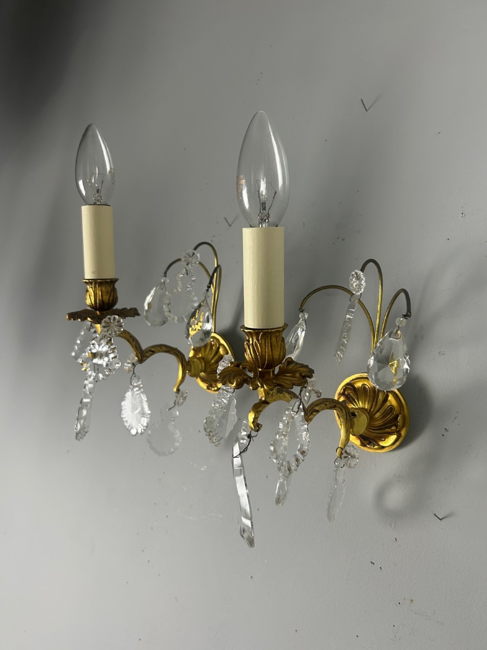 French Pair Of Single Arm Antique Gilt Brass Crystal Wall Lights View VII