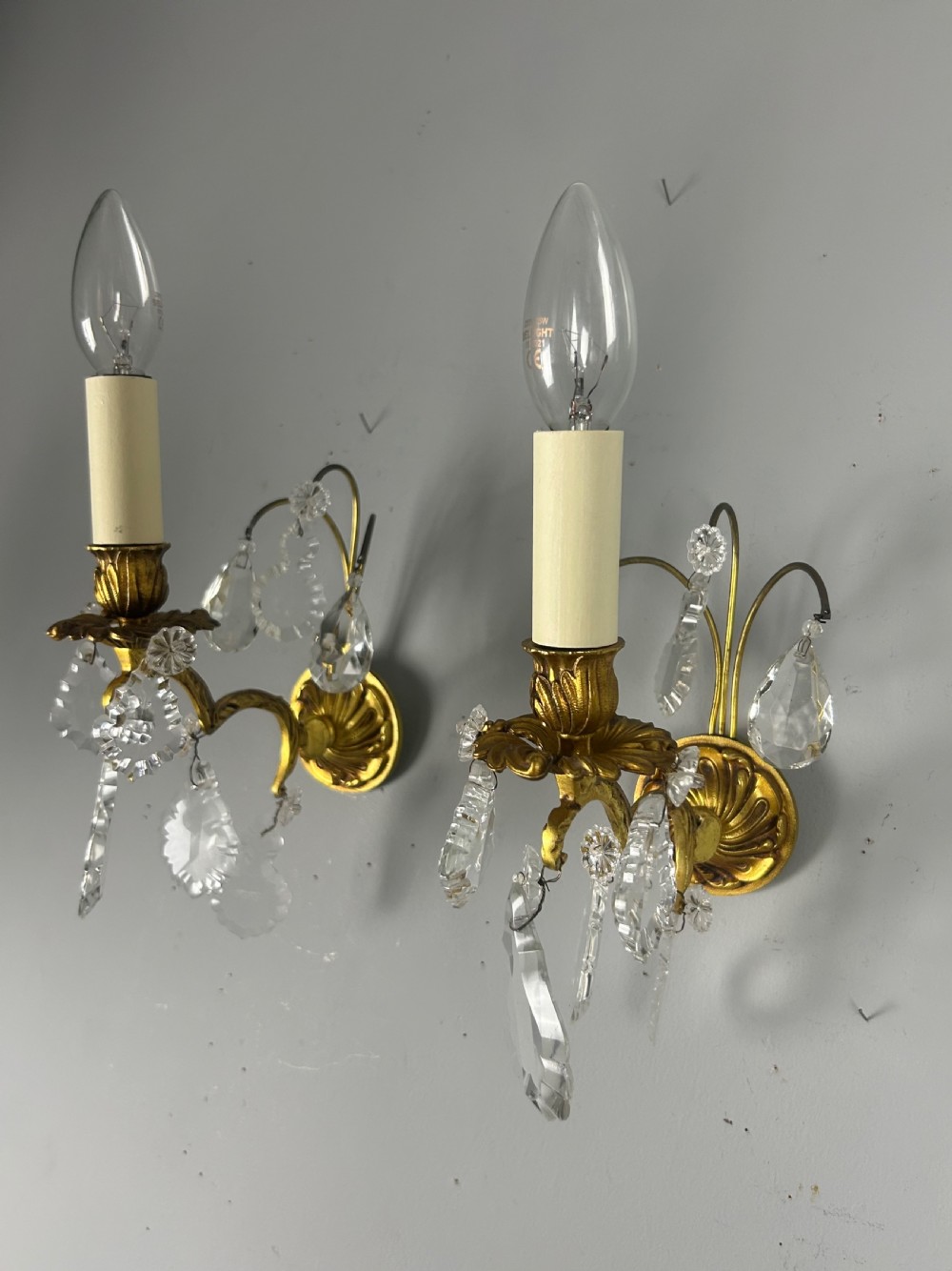 French Pair Of Single Arm Antique Gilt Brass Crystal Wall Lights View VIII