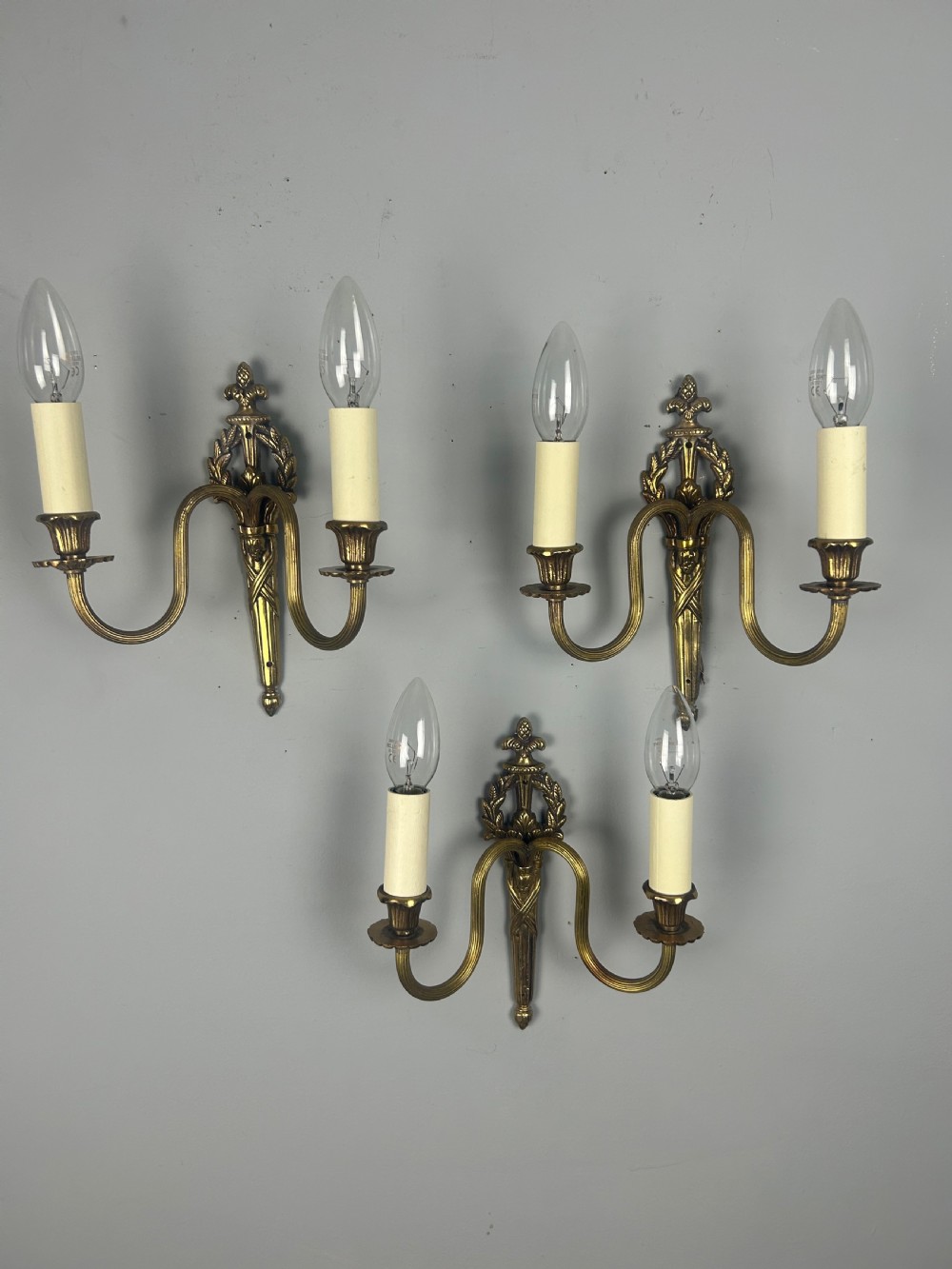 Set of 3 French Small Brass Antique Wall Lights