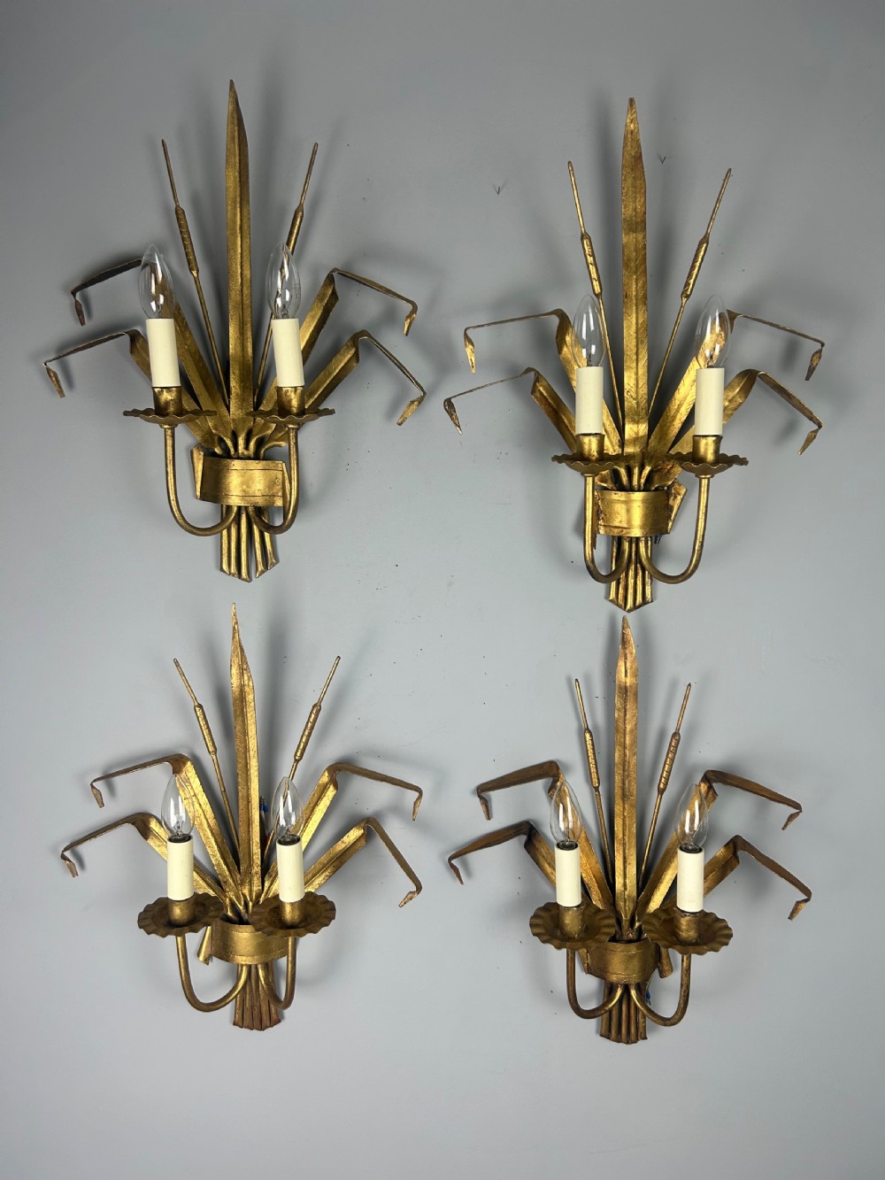 Set of 4 Antique French Wheat Sheaf Wall Lights, Rewired