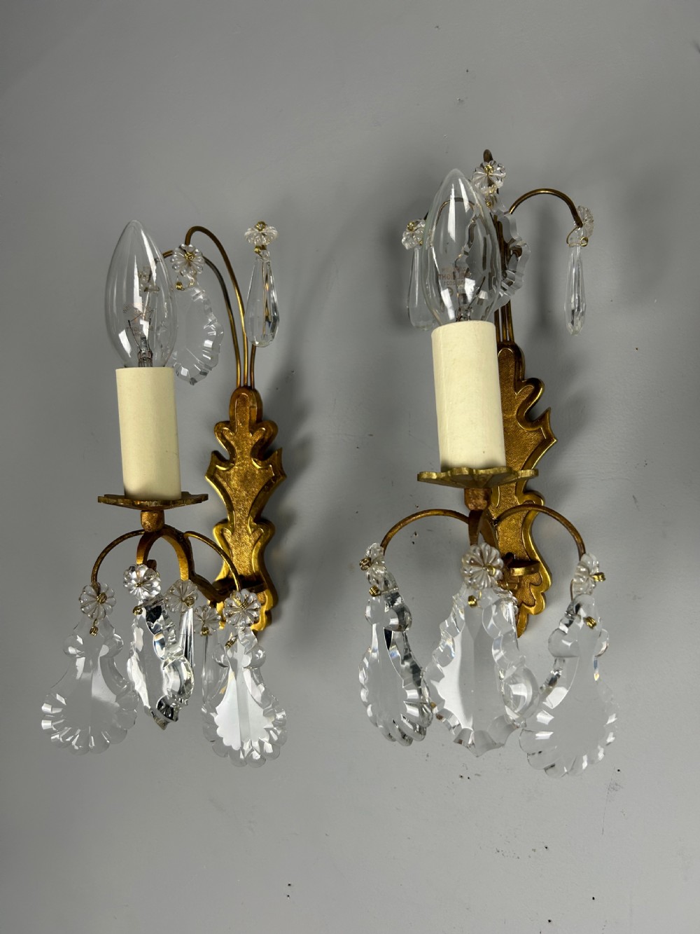 French Pair Of Single Arm Antique Crystal Gilt Brass Wall Lights