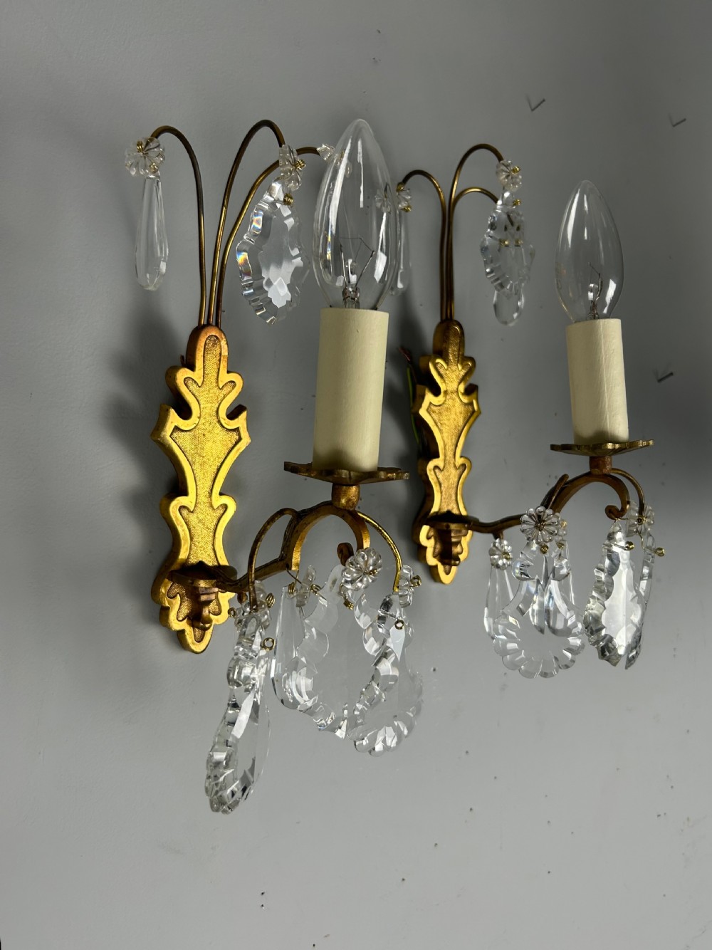 French Pair Of Single Arm Antique Crystal Gilt Brass Wall Lights View II
