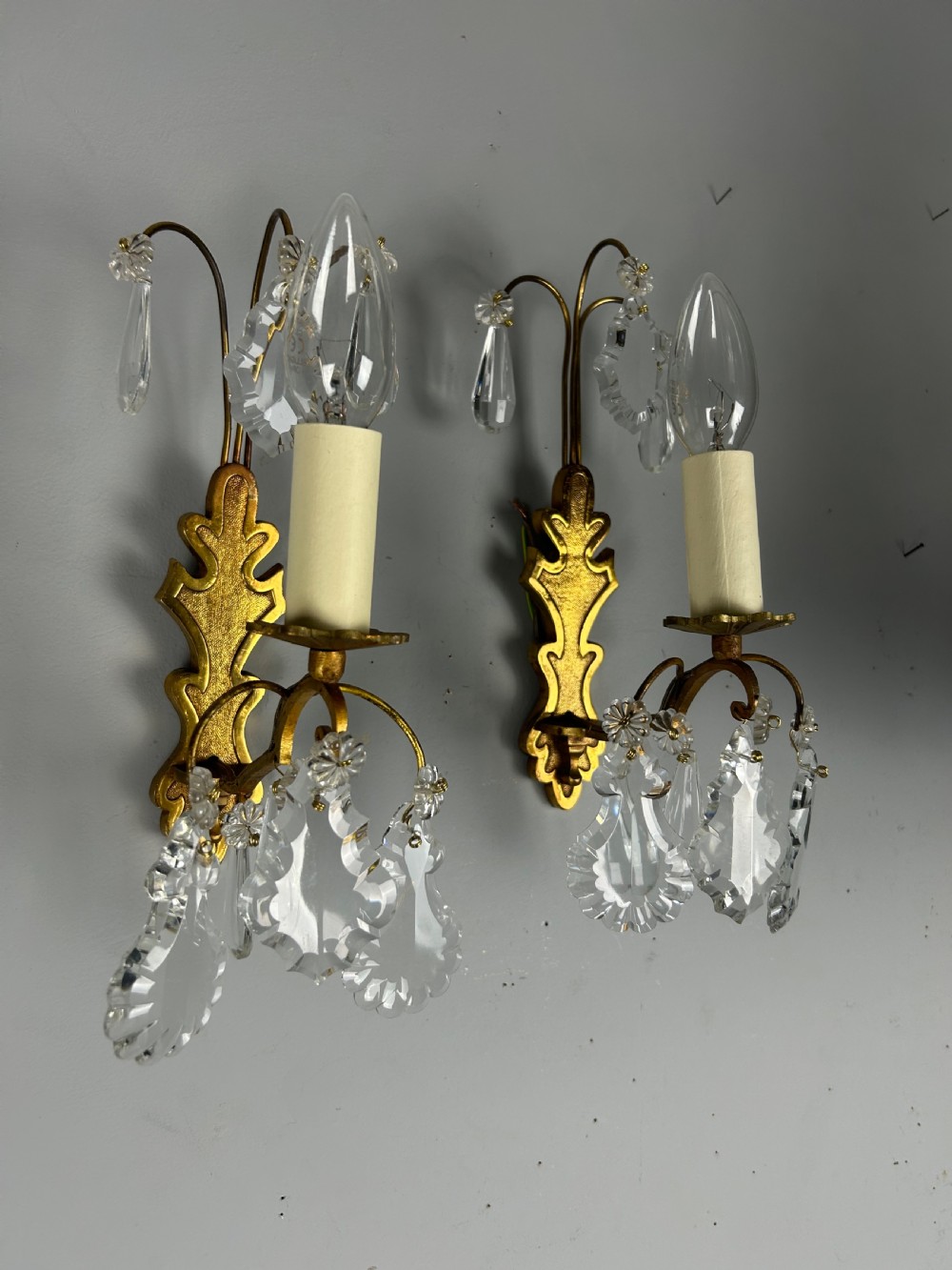 French Pair Of Single Arm Antique Crystal Gilt Brass Wall Lights View III
