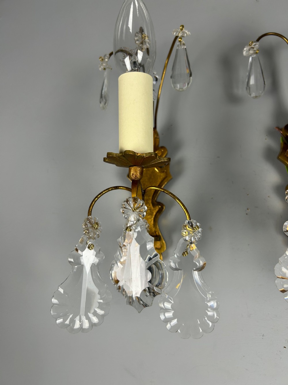 French Pair Of Single Arm Antique Crystal Gilt Brass Wall Lights View IV