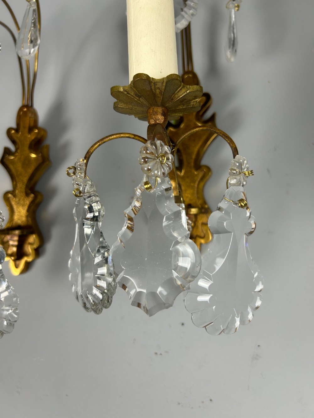 French Pair Of Single Arm Antique Crystal Gilt Brass Wall Lights View V