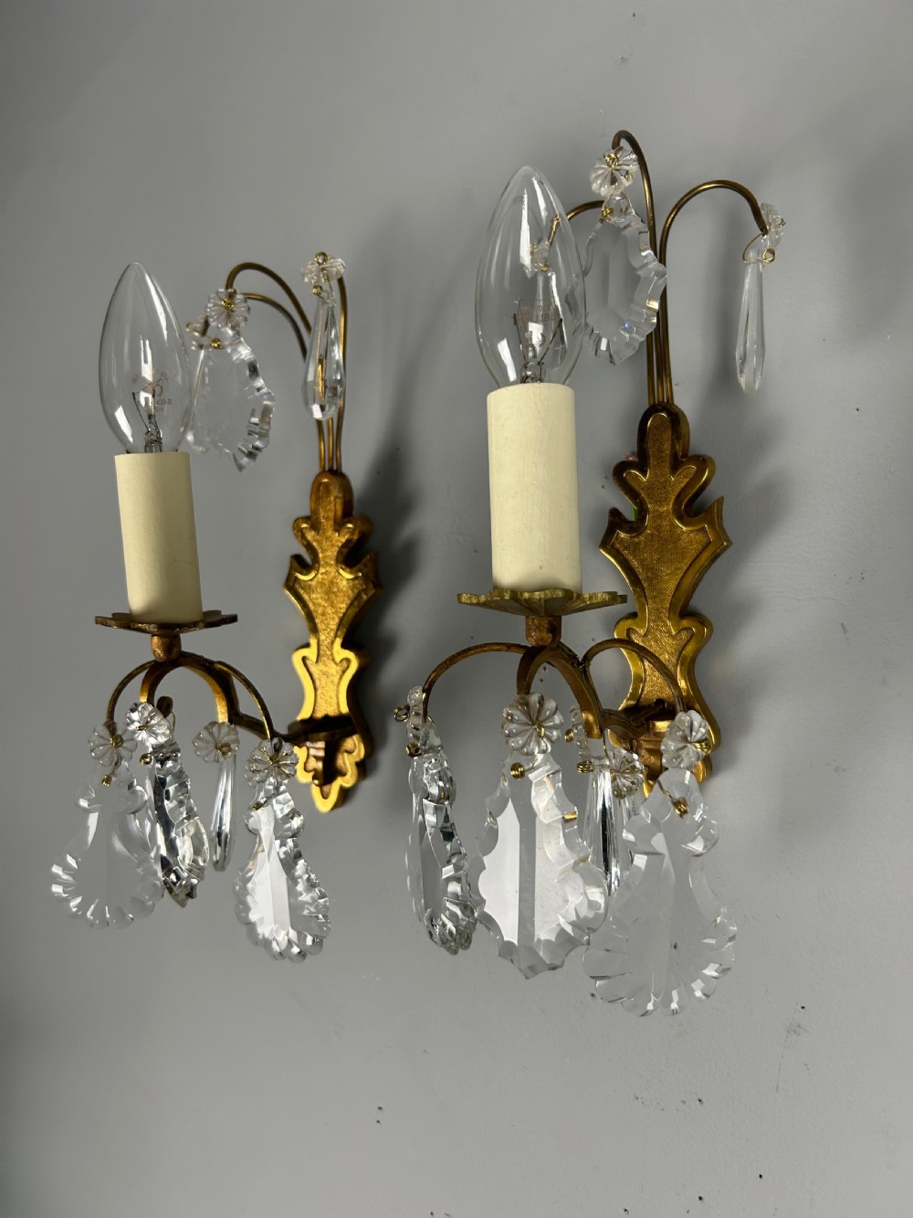 French Pair Of Single Arm Antique Crystal Gilt Brass Wall Lights View VI