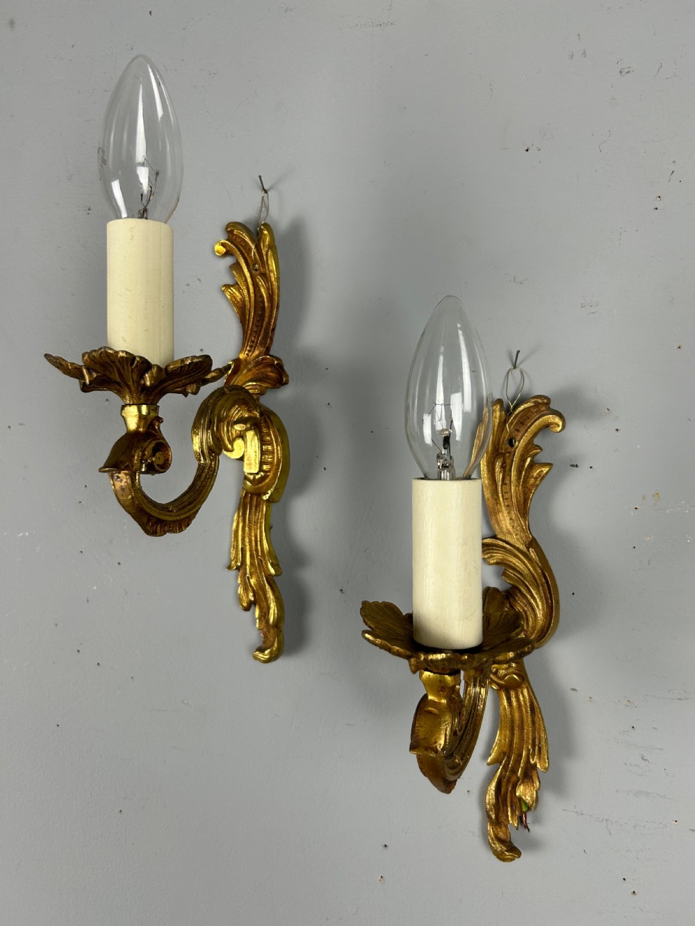 French Pair Of Single Arm Antique Gilt Brass Wall Lights