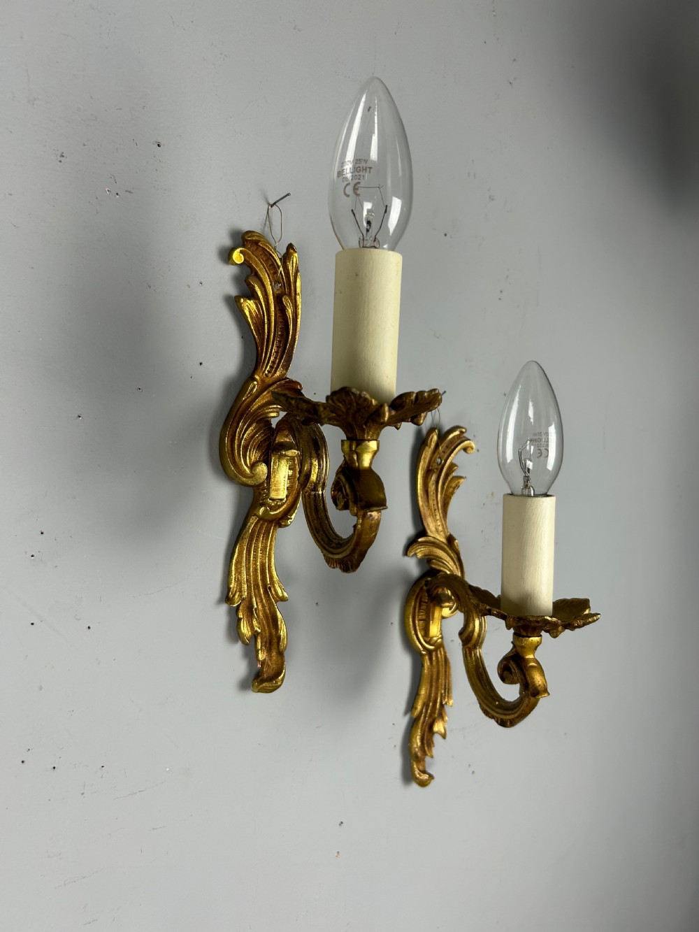 French Pair Of Single Arm Antique Gilt Brass Wall Lights View II