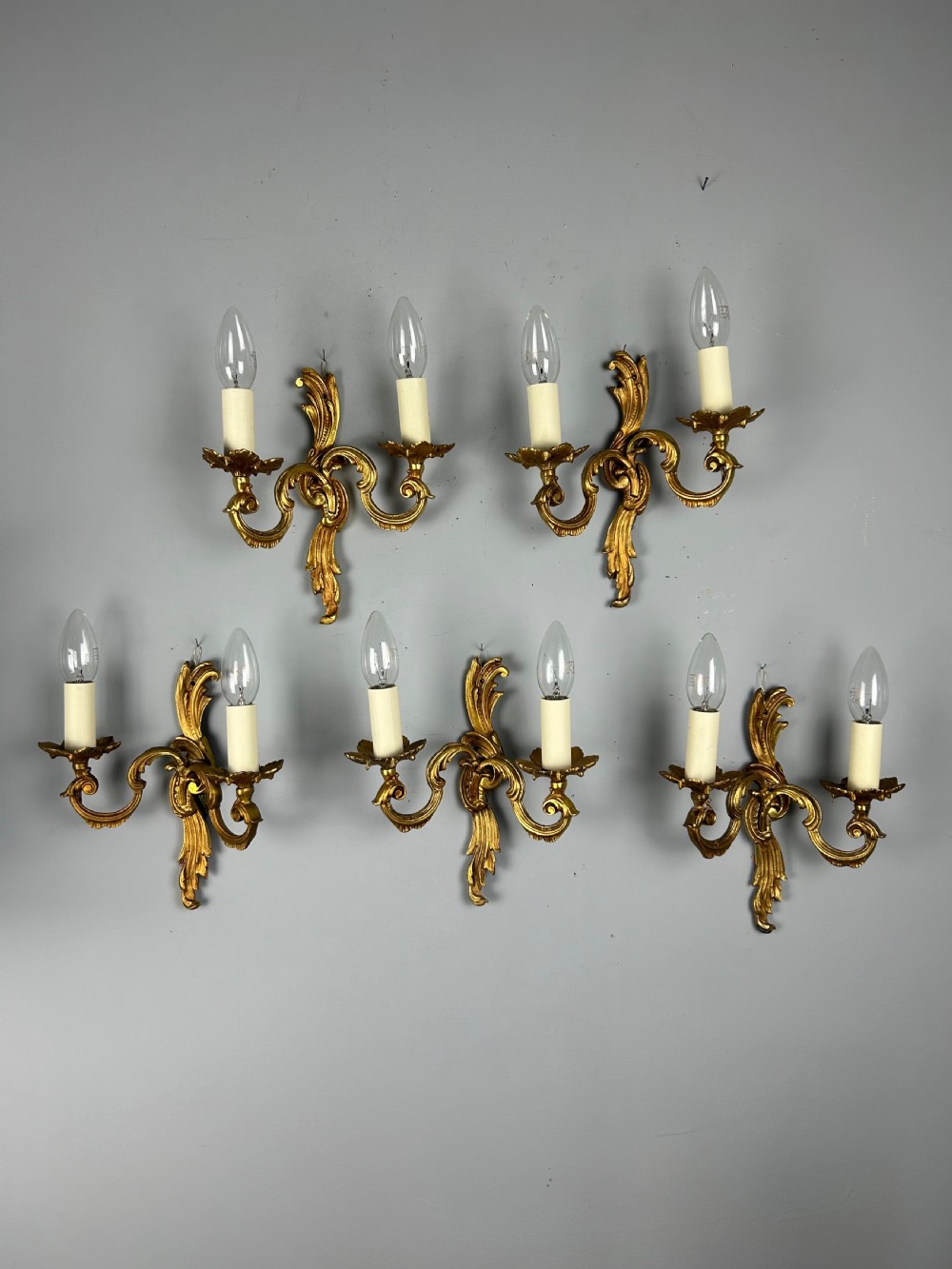 Set of 5 French Gilded Twin Arm Antique Wall Lights
